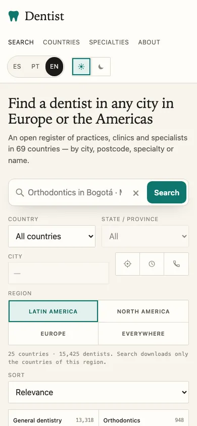 Capture of the Dentist page at 390 by 844 pixels: the header with language and theme buttons, the headline, the search box, pickers, region buttons and the download note.