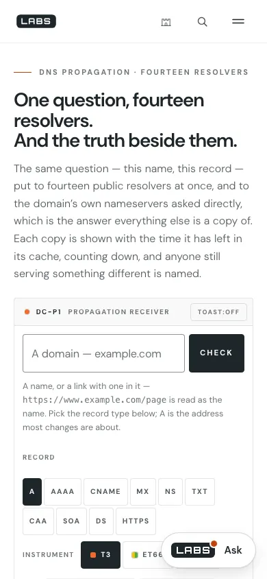 Capture of the DNS propagation instrument at 390 by 844 pixels: the headline, the lede, the receiver panel with the domain field and Check button, record-type buttons in two rows and a floating Ask launcher over the instrument choices.
