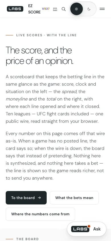 Capture of the EZ Score page at 390 by 844 pixels: the header with the name wrapping onto two lines, the headline, two paragraphs and three buttons.