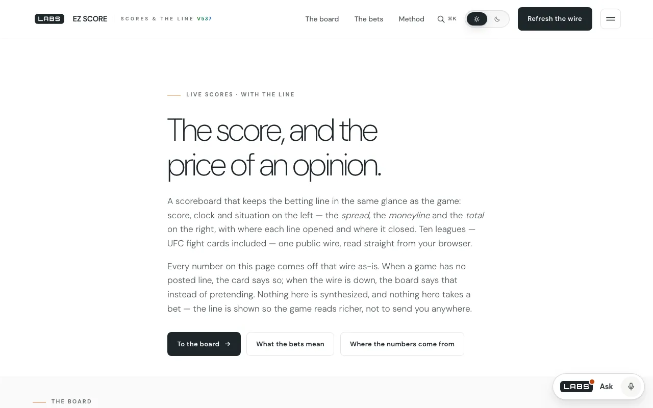 Capture of the labs.llc EZ Score page at 1280 by 800 pixels: the headline “The score, and the price of an opinion.”, two paragraphs on the lines and the wire, and three buttons.