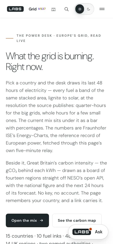 Capture of the Grid page at 390 by 844 pixels: the headline, the lede paragraphs, two buttons and a floating Ask launcher near the foot of the screen.