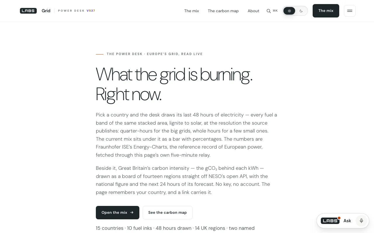 Capture of the labs.llc Grid page at 1280 by 800 pixels: the headline “What the grid is burning. Right now.”, two paragraphs describing the fuel mix and the British carbon map, two buttons and a line of figures.