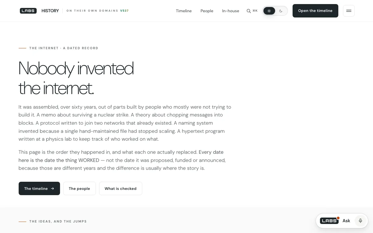 Capture of the labs.llc History of the Internet page at 1280 by 800 pixels: the headline “Nobody invented the internet.”, two paragraphs, and The timeline, The people and What is checked buttons.
