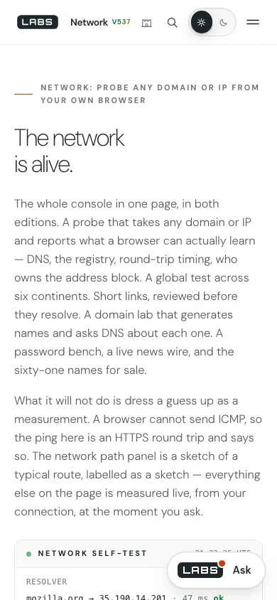 Capture of the Network page at 390 by 844 pixels: the headline, two paragraphs, the top of the self-test panel with a resolver reading, and a floating Ask launcher over the panel’s time stamp.
