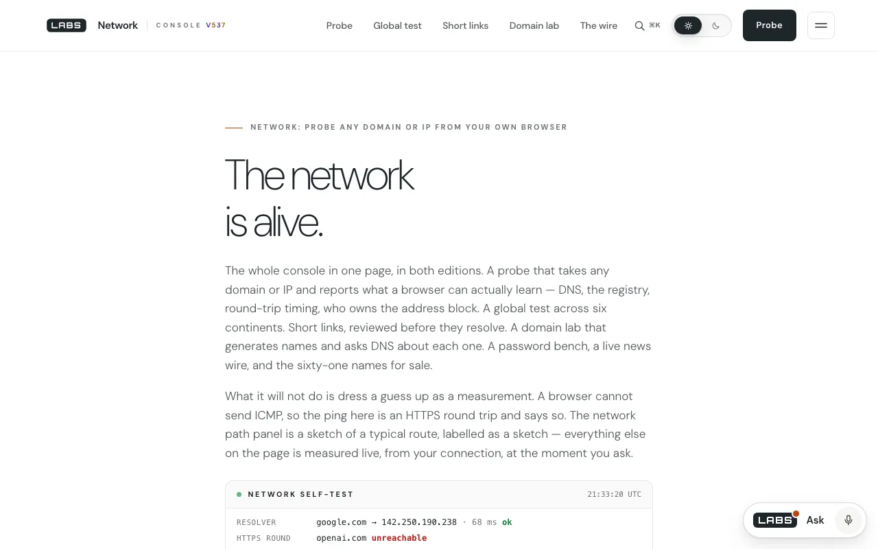 Capture of the labs.llc Network page at 1280 by 800 pixels: the headline “The network is alive.”, two paragraphs on what the console does and will not do, and a Network self-test panel stamped 20:14:53 UTC with resolver and HTTPS round-trip readings.