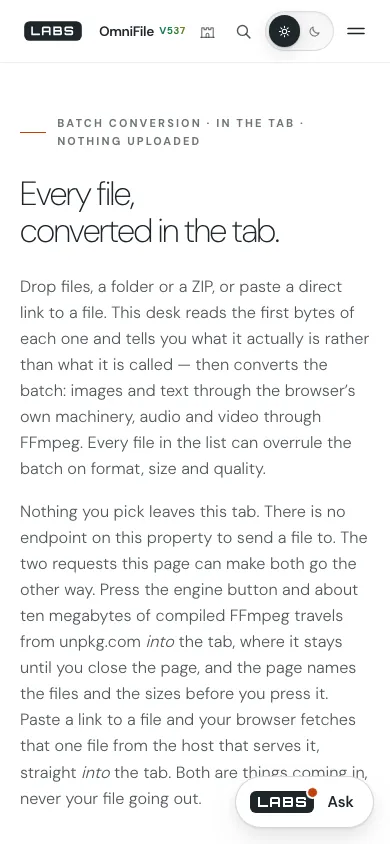 Capture of the OmniFile page at 390 by 844 pixels: the headline and two paragraphs, with a floating Ask launcher over the last line.