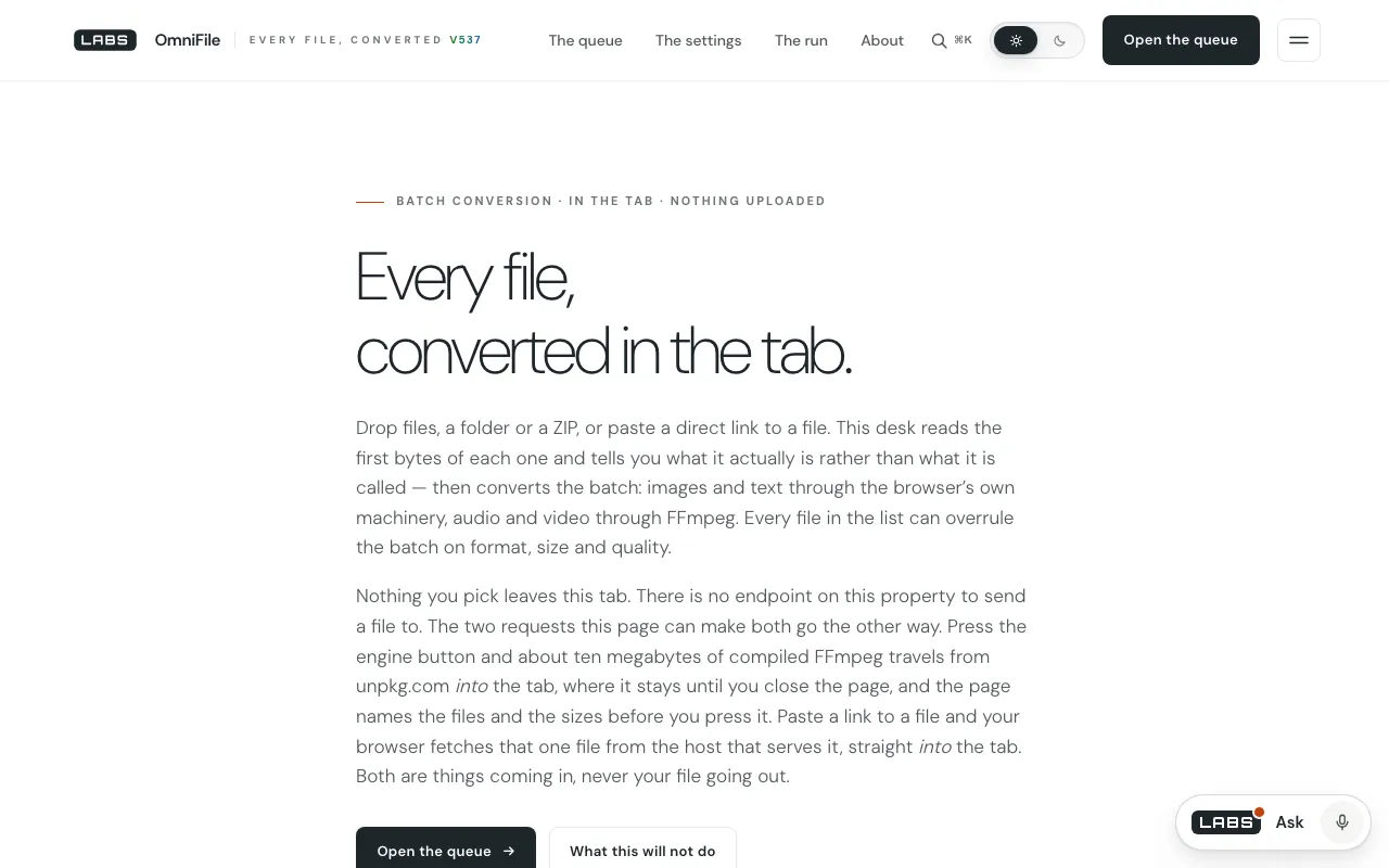 Capture of the labs.llc OmniFile page at 1280 by 800 pixels: the headline “Every file, converted in the tab.”, two paragraphs on how files are identified and why nothing is uploaded, and Open the queue and What this will not do buttons.