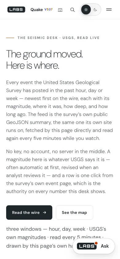 Capture of the Quake page at 390 by 844 pixels: the headline, two paragraphs, two buttons and a floating Ask launcher over the figures line.