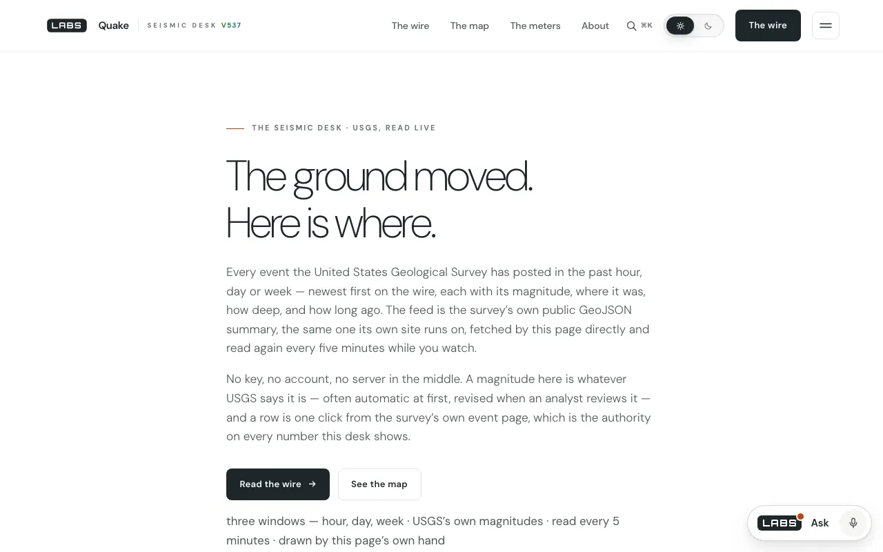 Capture of the labs.llc Quake page at 1280 by 800 pixels: the headline “The ground moved. Here is where.”, two paragraphs on the USGS feed and magnitudes, Read the wire and See the map buttons, and a line of figures.