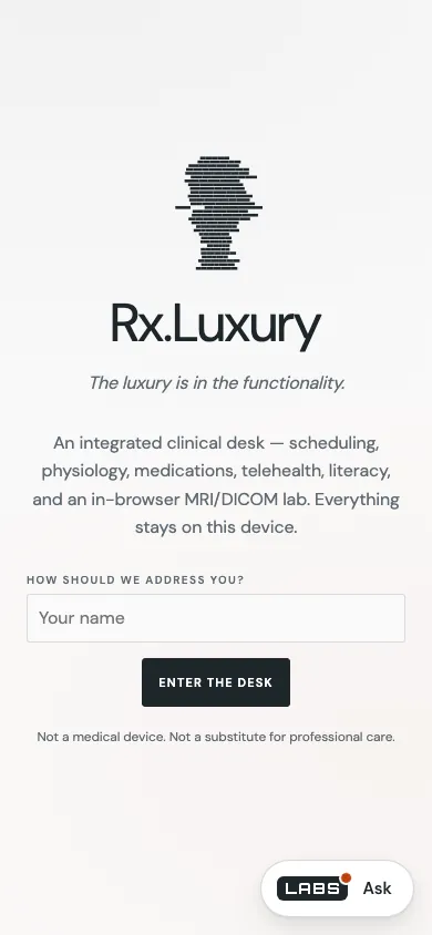 Capture of the Rx.Luxury entry screen at 390 by 844 pixels: the head motif, the name, the description, the name field, the Enter the desk button and the disclaimer.