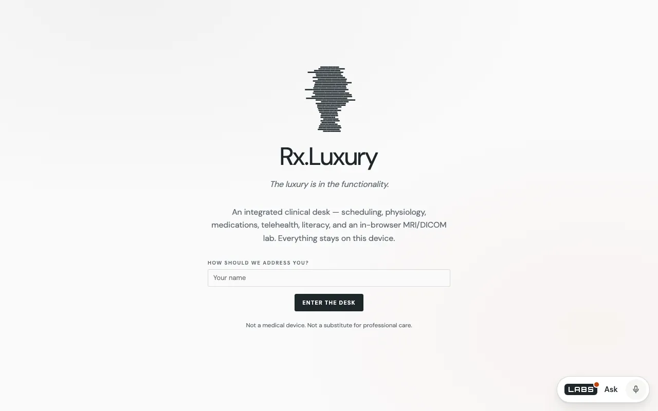 Capture of the labs.llc Rx.Luxury entry screen at 1280 by 800 pixels: a drawn head motif, the name Rx.Luxury, a one-paragraph description, a name field with an Enter the desk button, and a line saying it is not a medical device.