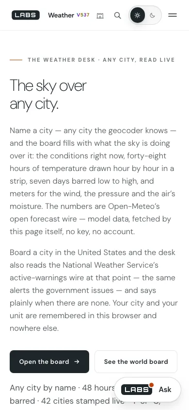 Capture of the Weather page at 390 by 844 pixels: the headline, two paragraphs, two buttons and a floating Ask launcher over the last line.