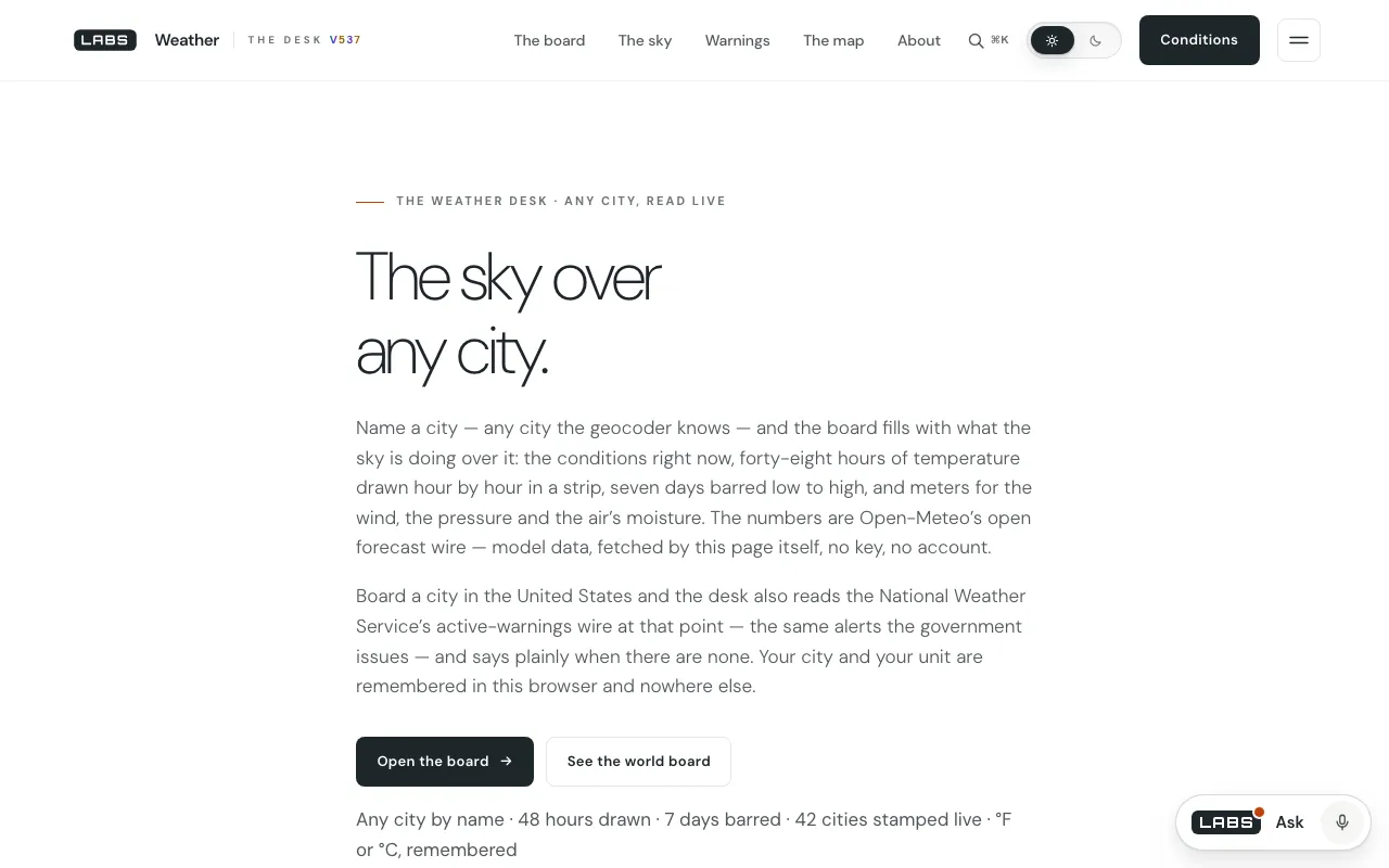 Capture of the labs.llc Weather page at 1280 by 800 pixels: the headline “The sky over any city.”, two paragraphs on the forecast source and US warnings, Open the board and See the world board buttons, and a line of figures.